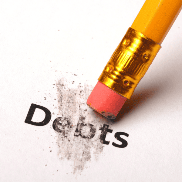 Word debt being erased by a pencil eraser.