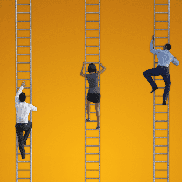 people climbing ladders representing corporate ladder.