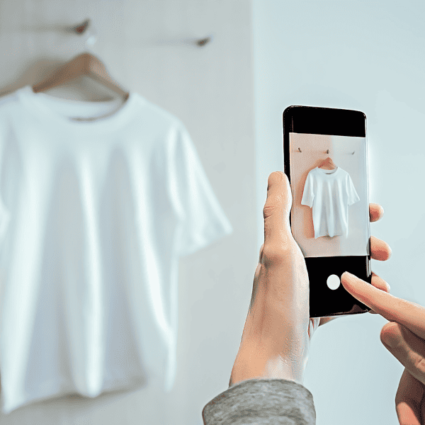 Man taking photo with a smartphone of used clothes for resale.