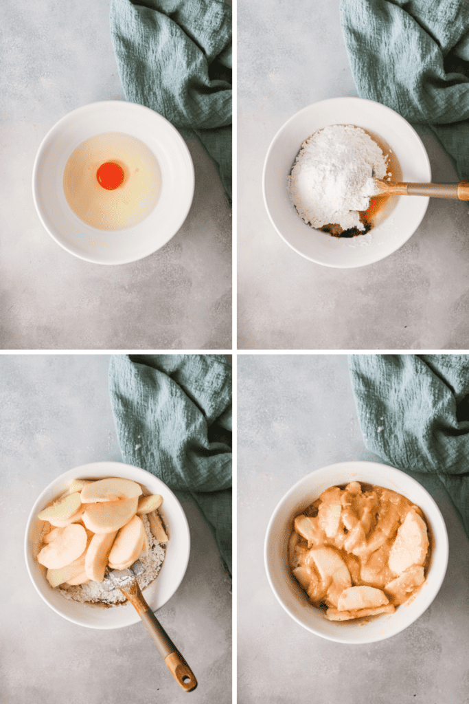 Four photos showing steps on how to make one bowl apple cake.