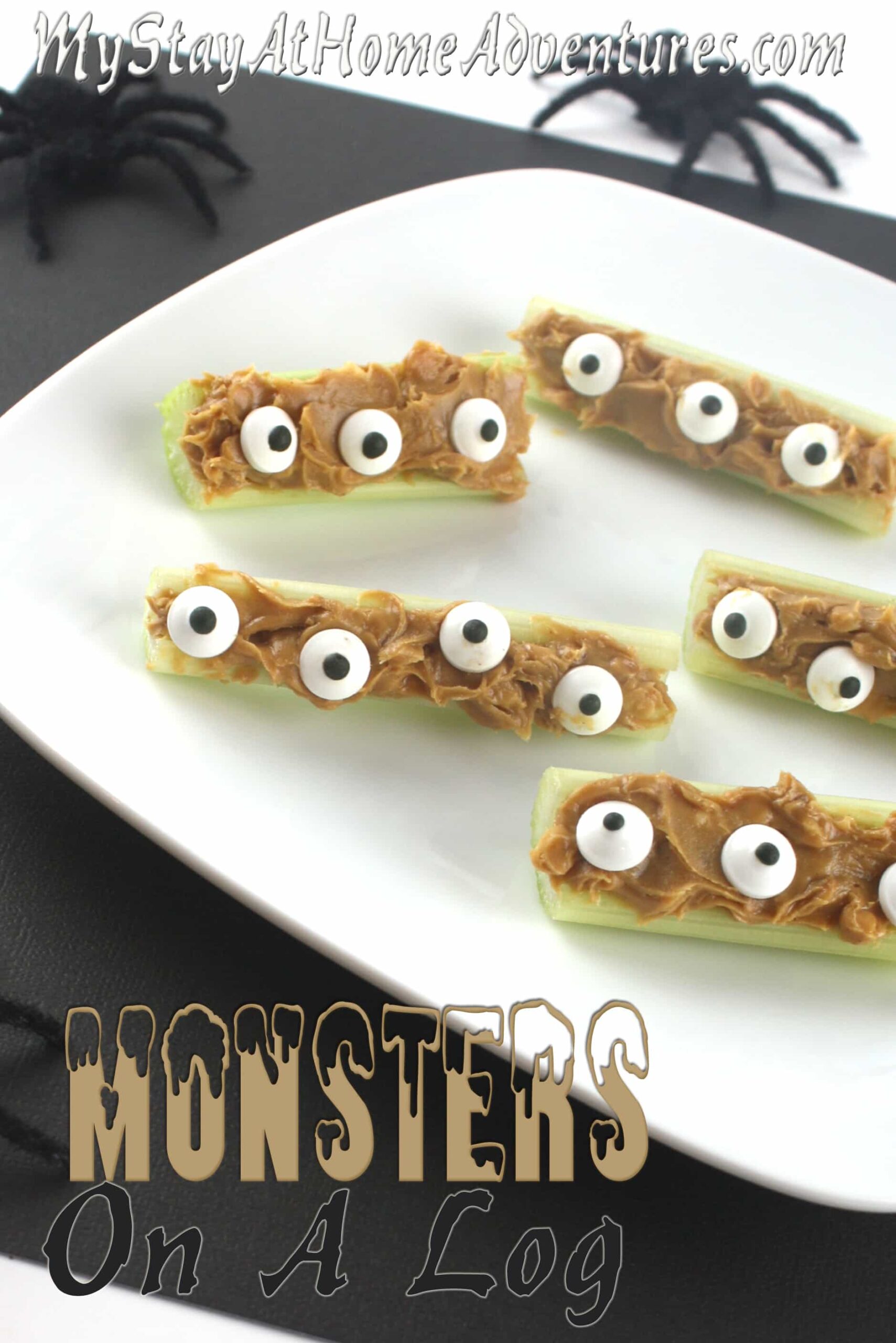 Looking for a Halloween healthy snack? This Monsters on a log recipe will do the trick. Learn how to create them and have fun while eating them. via @mystayathome