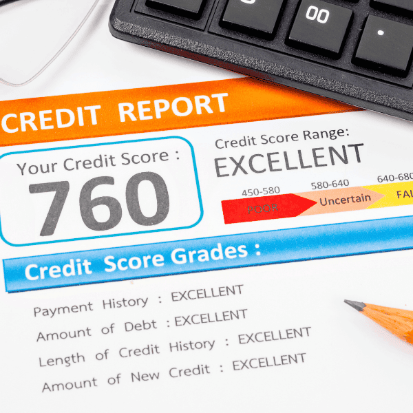 Credit score report with calculator, glasses and pencil.