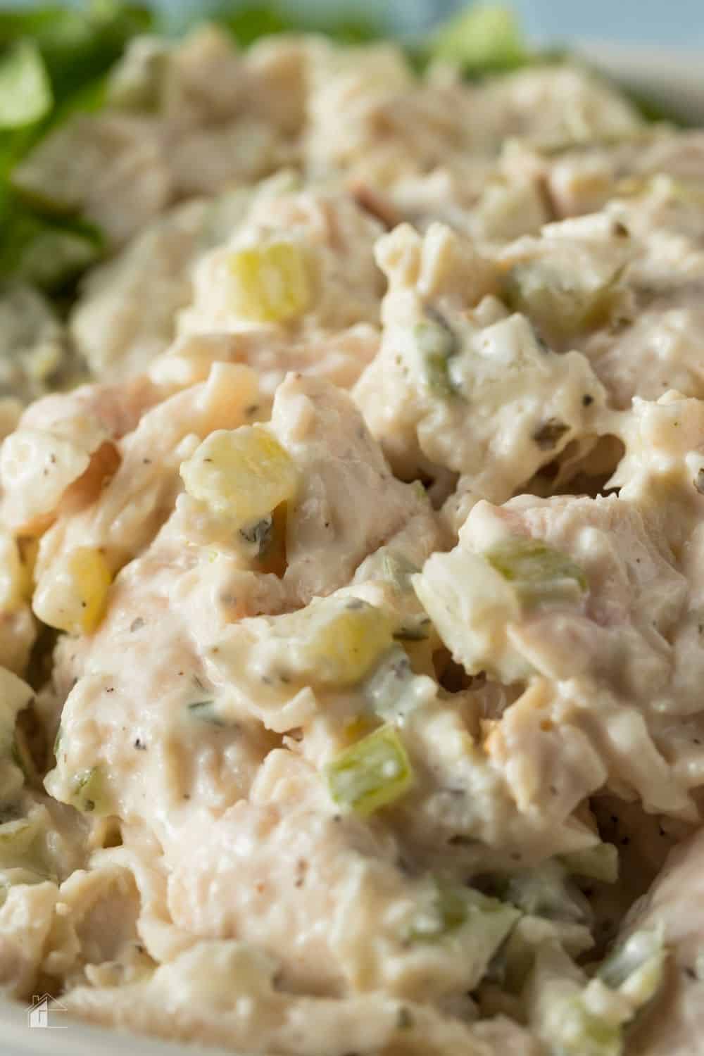 This easy chicken salad recipe is made with cooked chicken, celery, hard-boiled egg, relish, mayo, and Greek seasoning. #chickensalad #easychickensalad #salad #chickenrecipe via @mystayathome