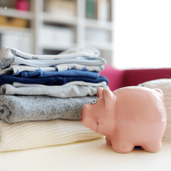 Piggy bank infront of baby clothes in the background.