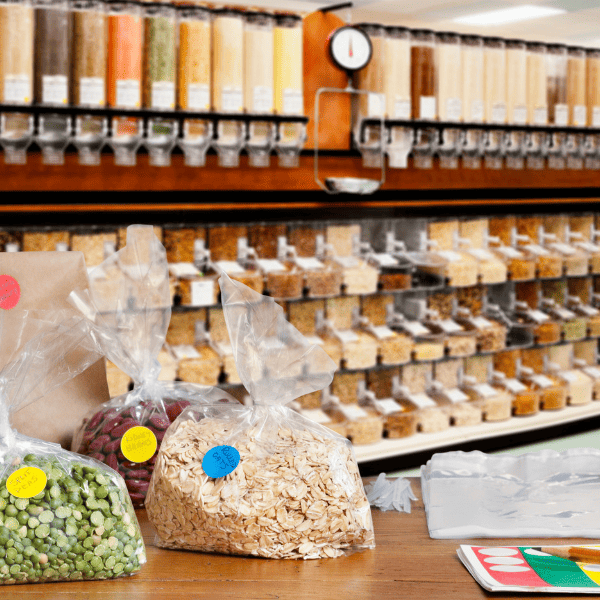 Store showing packaged food and bulk items.