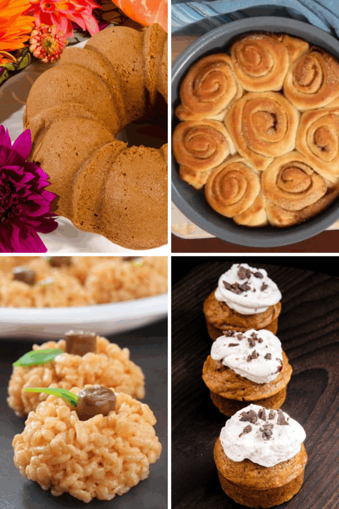 A collage of homemade pumpkin treats including bundt cake, cinnamon rolls, rice crispy pumpkins, and cupcakes with cream topping.