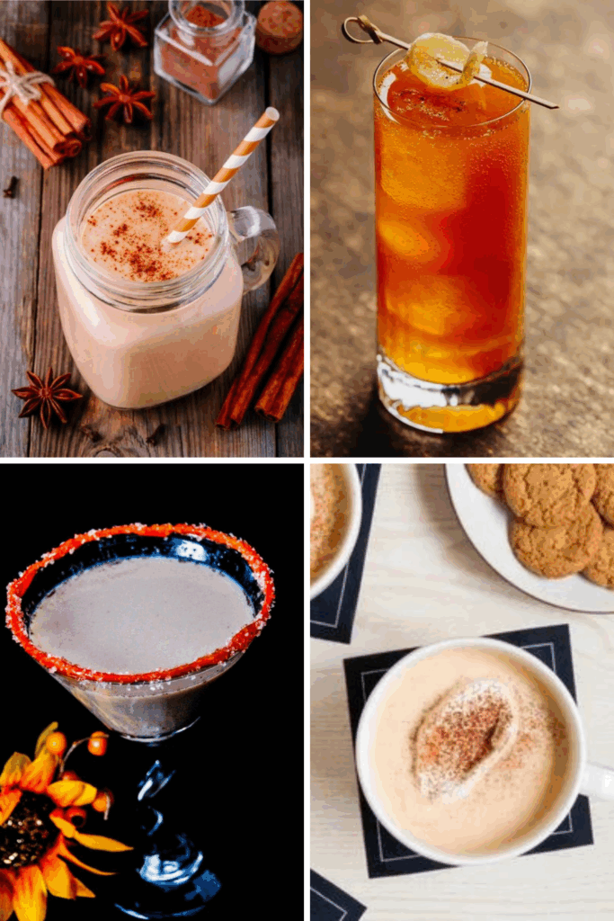 A collage of fall-inspired pumpkin drinks featuring lattes, cocktails, and spiced beverages garnished with cinnamon and cream.