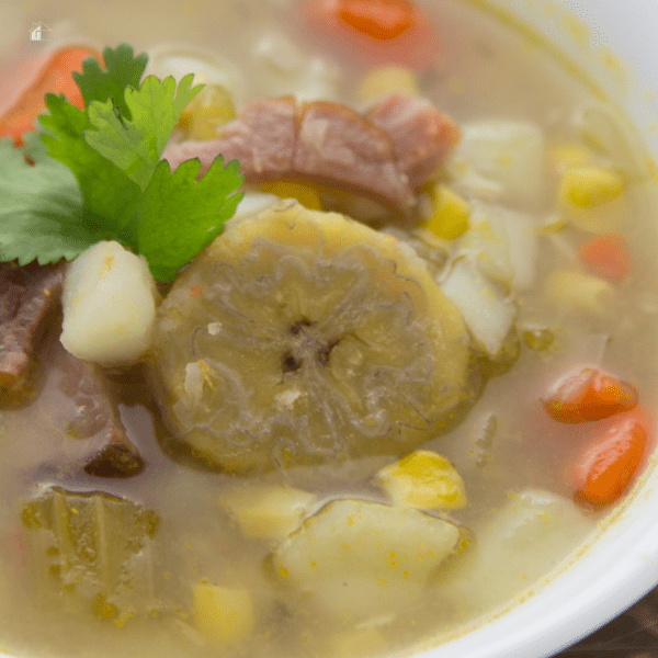 Close up \photo of ham and plantain soup.