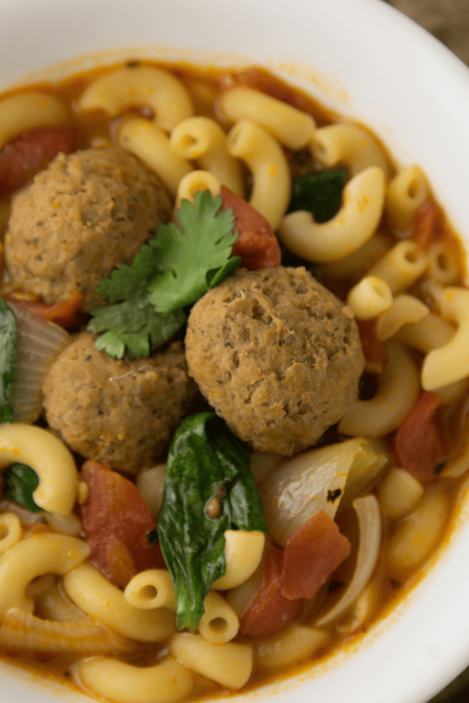 Top view of frozen meatball soup.