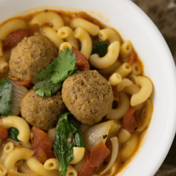 Top view of frozen meatball soup.