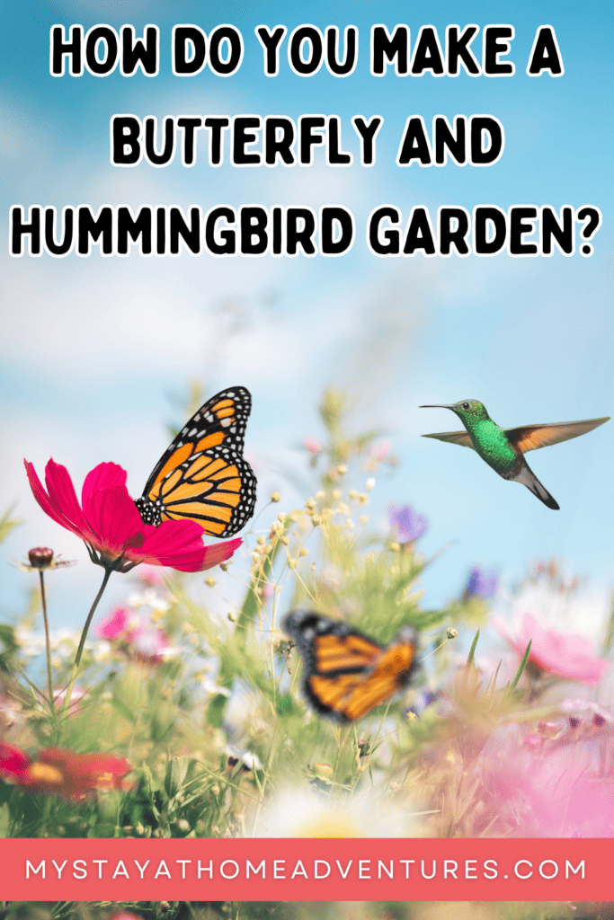 hummingbird and butterflies in a garden with text overlay
