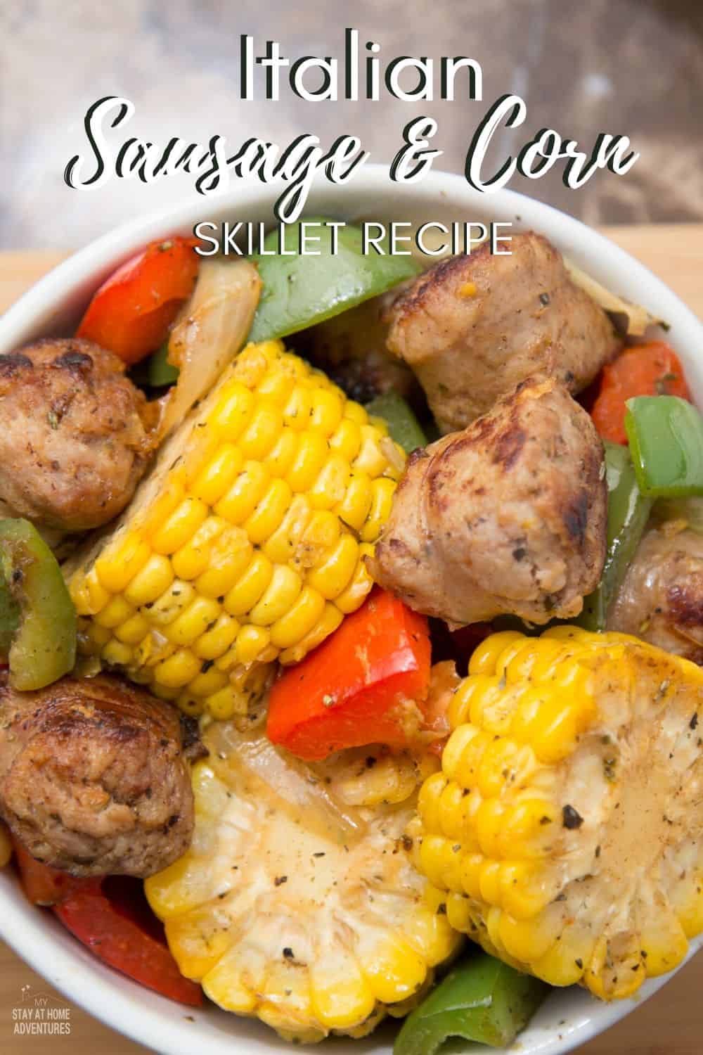 An amazing Italian Sausage and Corn skillet recipe that is full of fresh flavor. Learn how you can make this quick, easy, and affordable corn recipe today. via @mystayathome