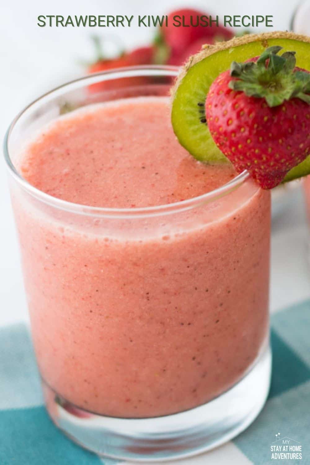 This Strawberry Kiwi Slush Recipe is a healthy drink recipe that you can make for your family. It has all the flavors of summer in one delicious and refreshing glass! Use this to cool off on hot days, or enjoy anytime with friends via @mystayathome