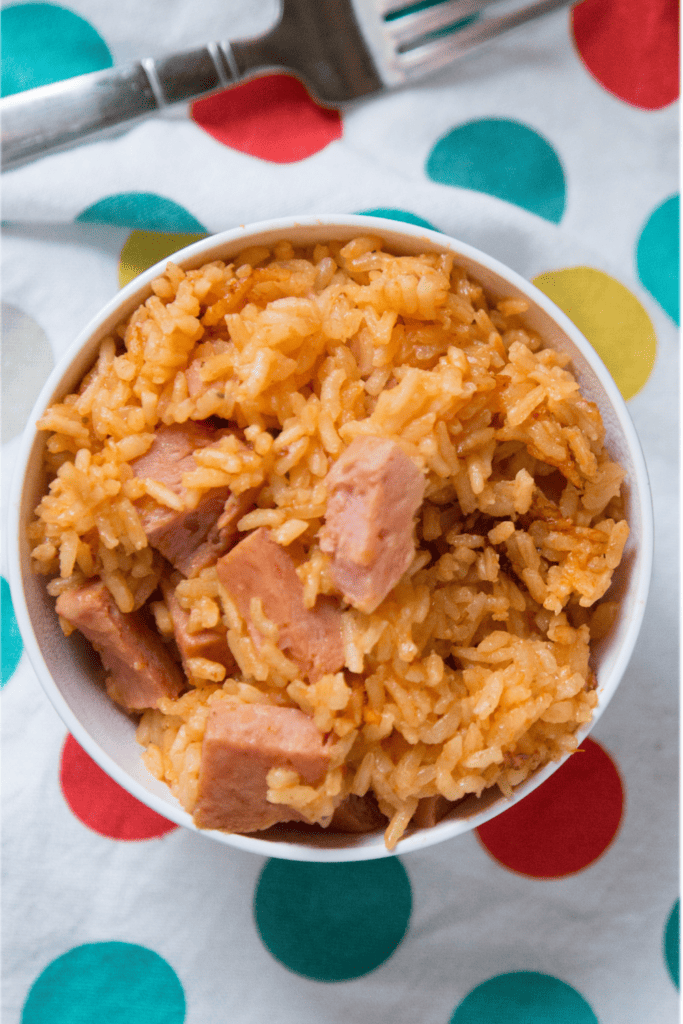 Close up of Rice and Spam made in the Instant Pot