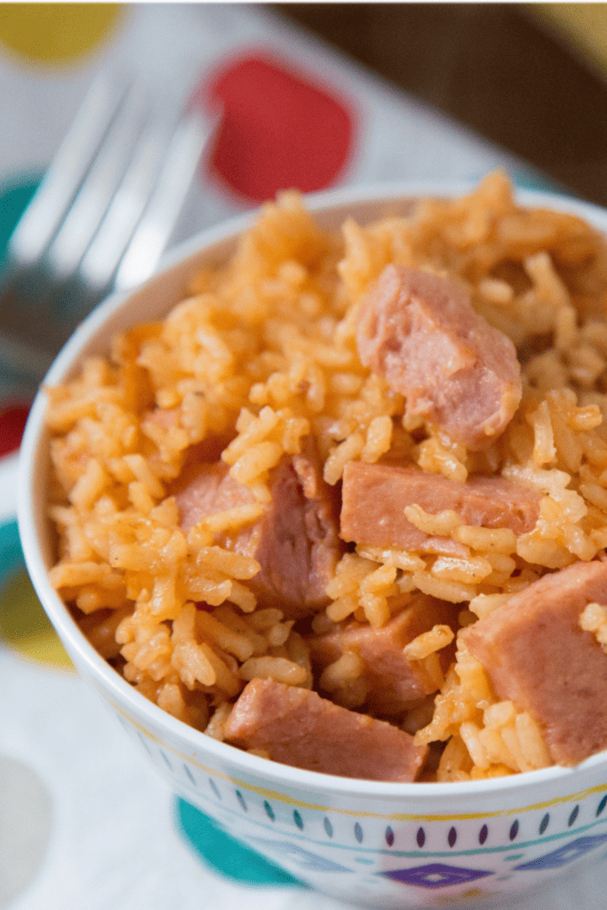 Close up of served Instant Pot Spanish rice with Spam (Puerto Rican Arroz con Spam)