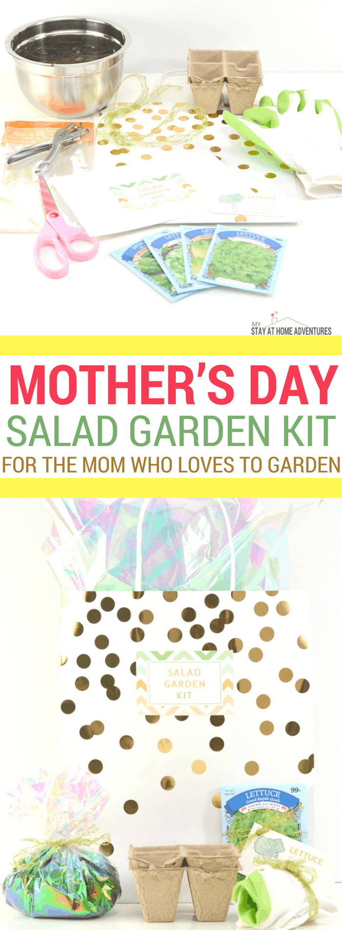 Looking for a cute and affordable Mother's Day DIY gift? Check out this super cute Mother's Day Salad Garden Kit for the mom who loves gardening and of course salad! Comes with free printable cards and all you need can be bought at your local dollar store! #Mothersday #giftideas #Garden #Seeds #DIY #gifts #Gardening #Mom