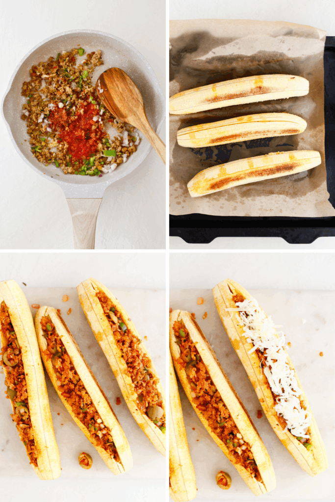 Step-by-step process of making stuffed baked plantains (canoas de plátanos maduros), showing seasoned ground beef cooking, plantains baking, filling the plantain canoes, and topping with cheese before baking