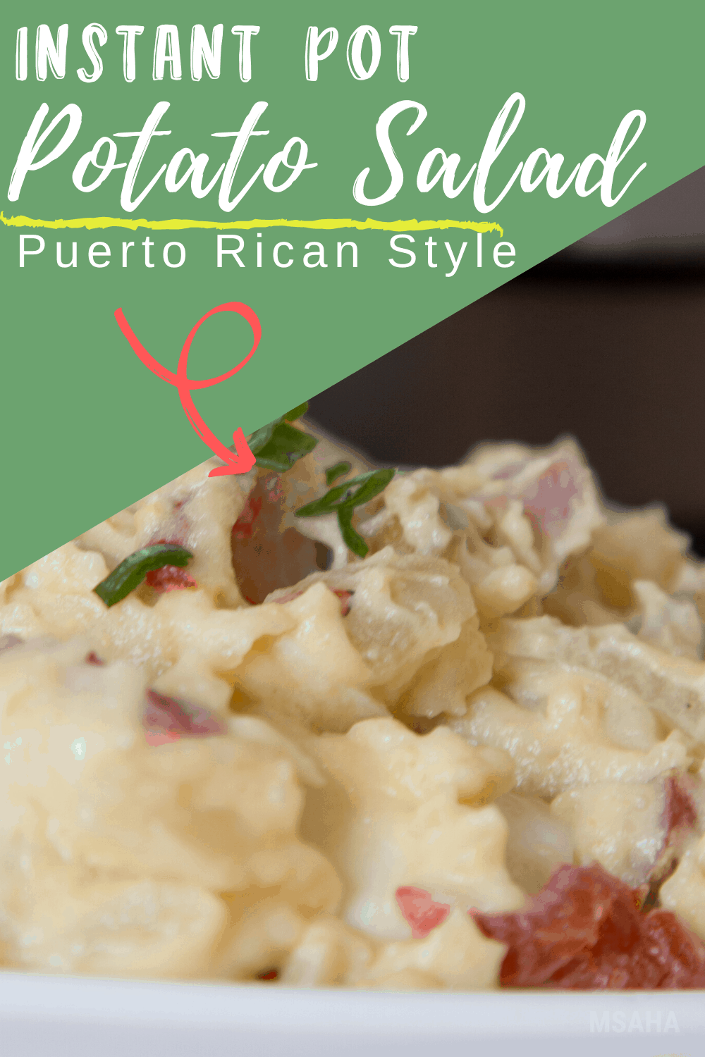 Easy and quick to make, this Puerto Rican potato salad is what you are looking for. Flavorful and so creamy and made using an Instant Pot. #puertoricanfood #recipe #instantpot #potatosalad via @mystayathome