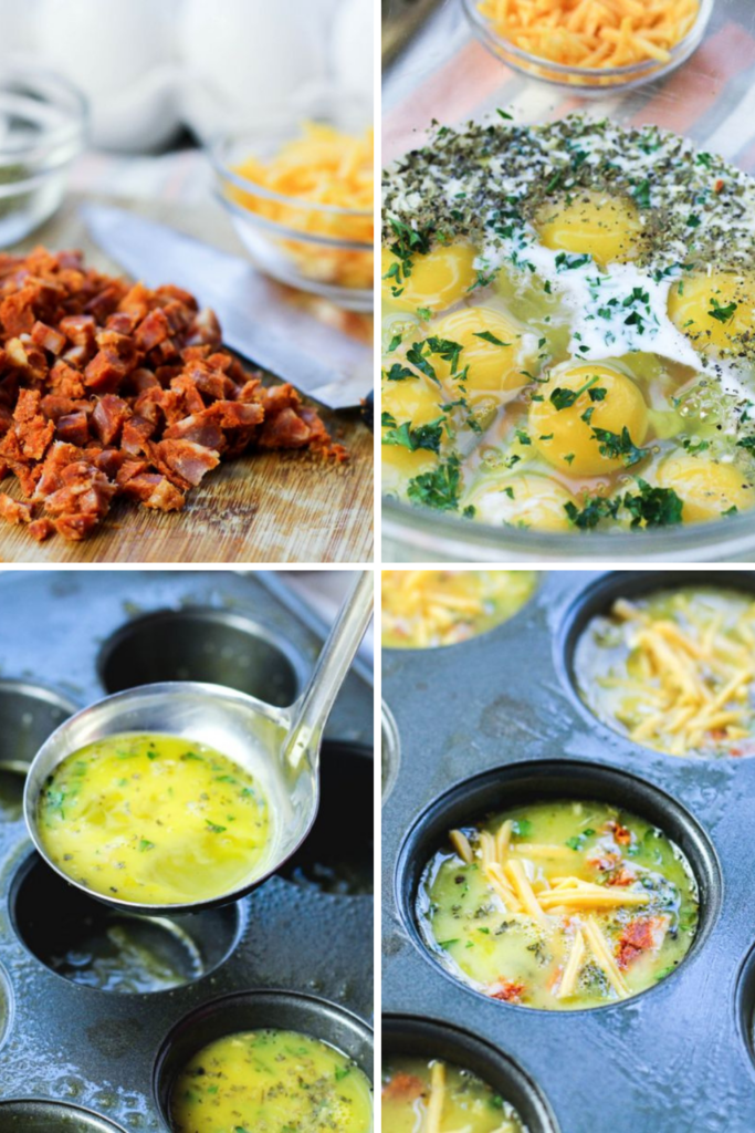 Step-by-step preparation showing chopped chorizo, whisked eggs with herbs, pouring egg mixture into a muffin tin, and muffins ready to bake.