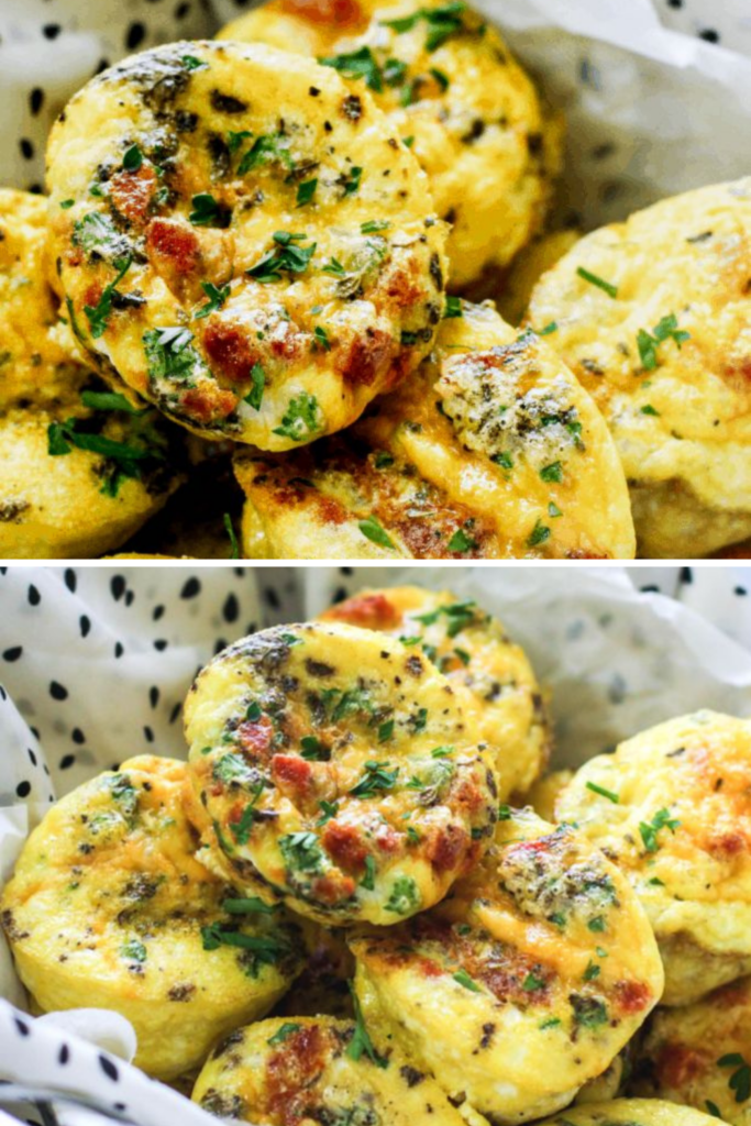 Fluffy chorizo and egg muffins stacked together, garnished with chopped parsley for a fresh finish.