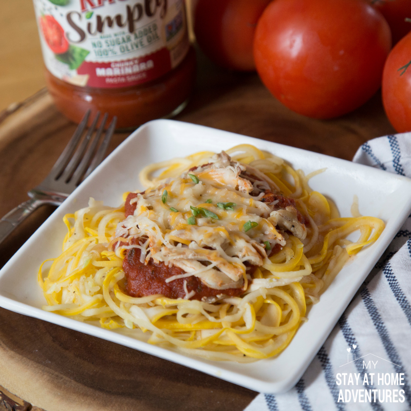 No sugar squash spaghetti with chicken and cheese.