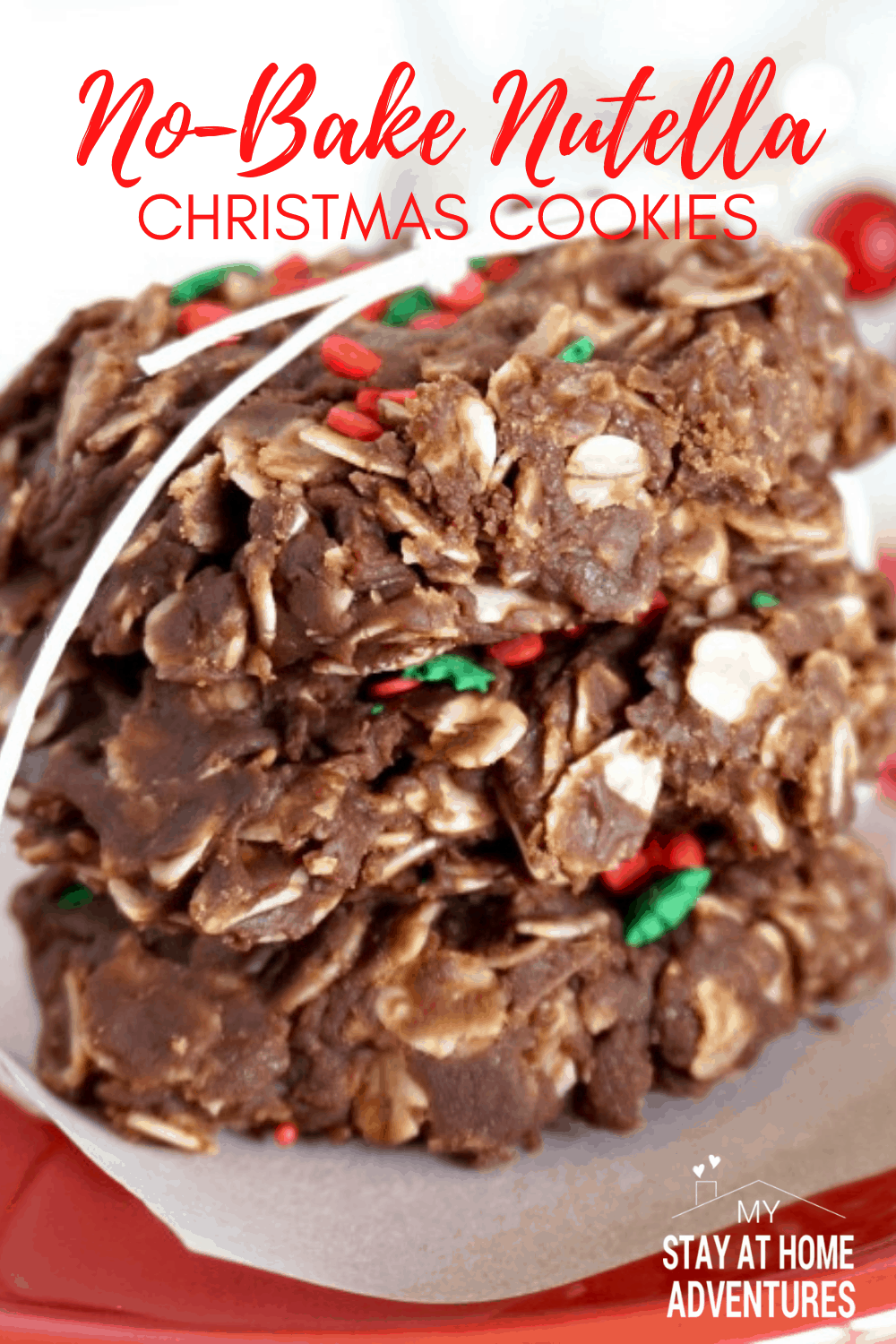 You haven't seen Christmas cookies until you try No Bake Nutella Christmas Cookies! Made with oats and no baking required, enjoy this cookie this holiday. #cookies #nobake #nutella via @mystayathome