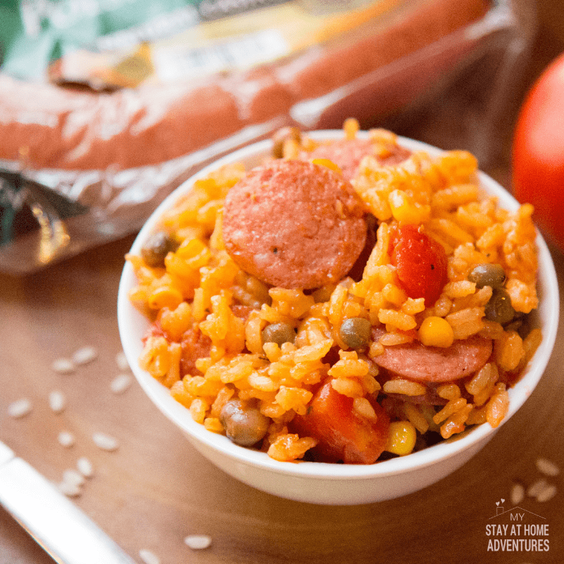 Sausage with Puerto Rican Rice and pigeon peas.