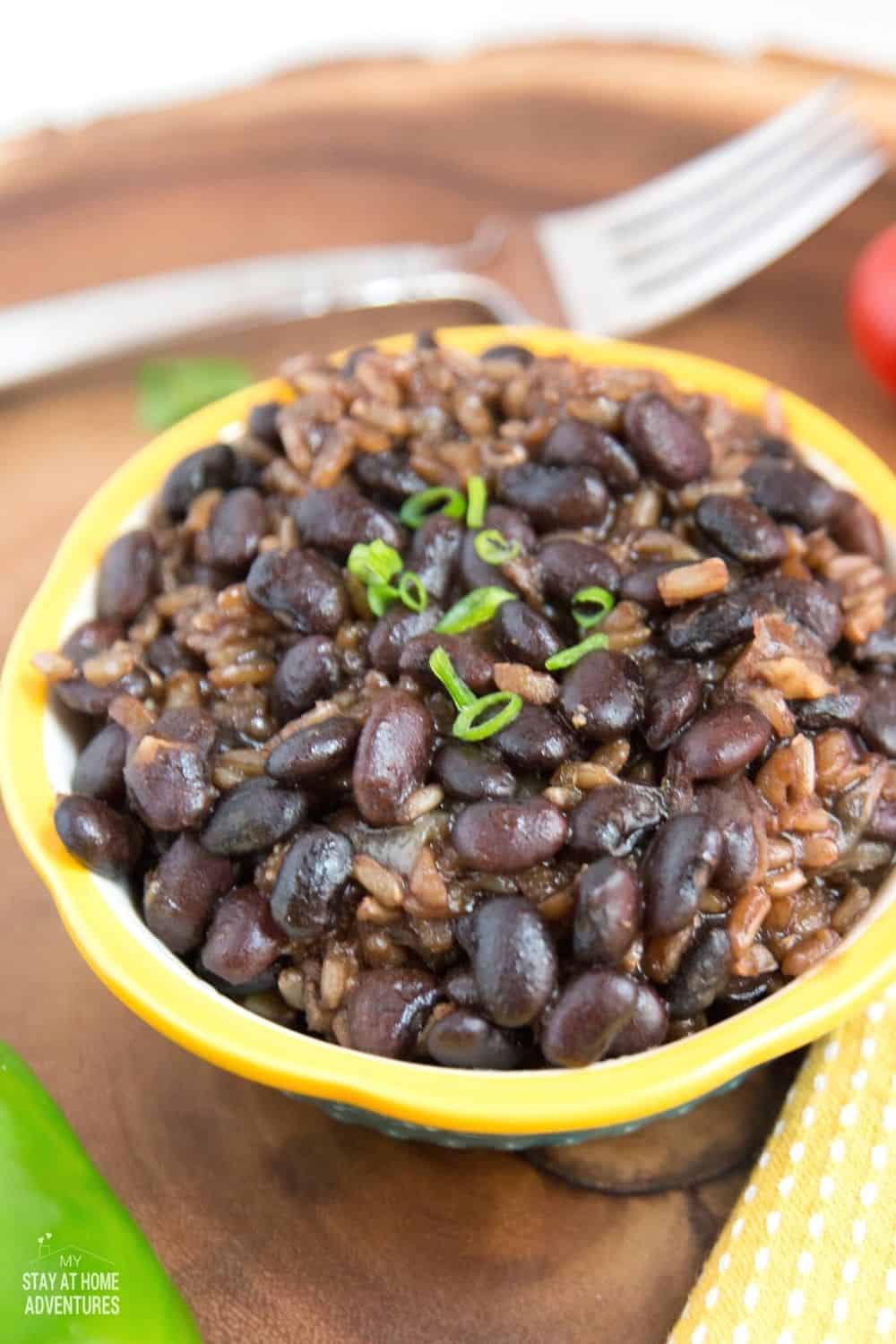 Looking for a meatless or vegan-friendly dinner? Try this Instant Pot Black Beans and Brown Rice Recipe for tonight. Full of flavor and easy to make. #meatless #Instantpot #brownrice #blackbeanrecipe #nomeatrecipe via @mystayathome
