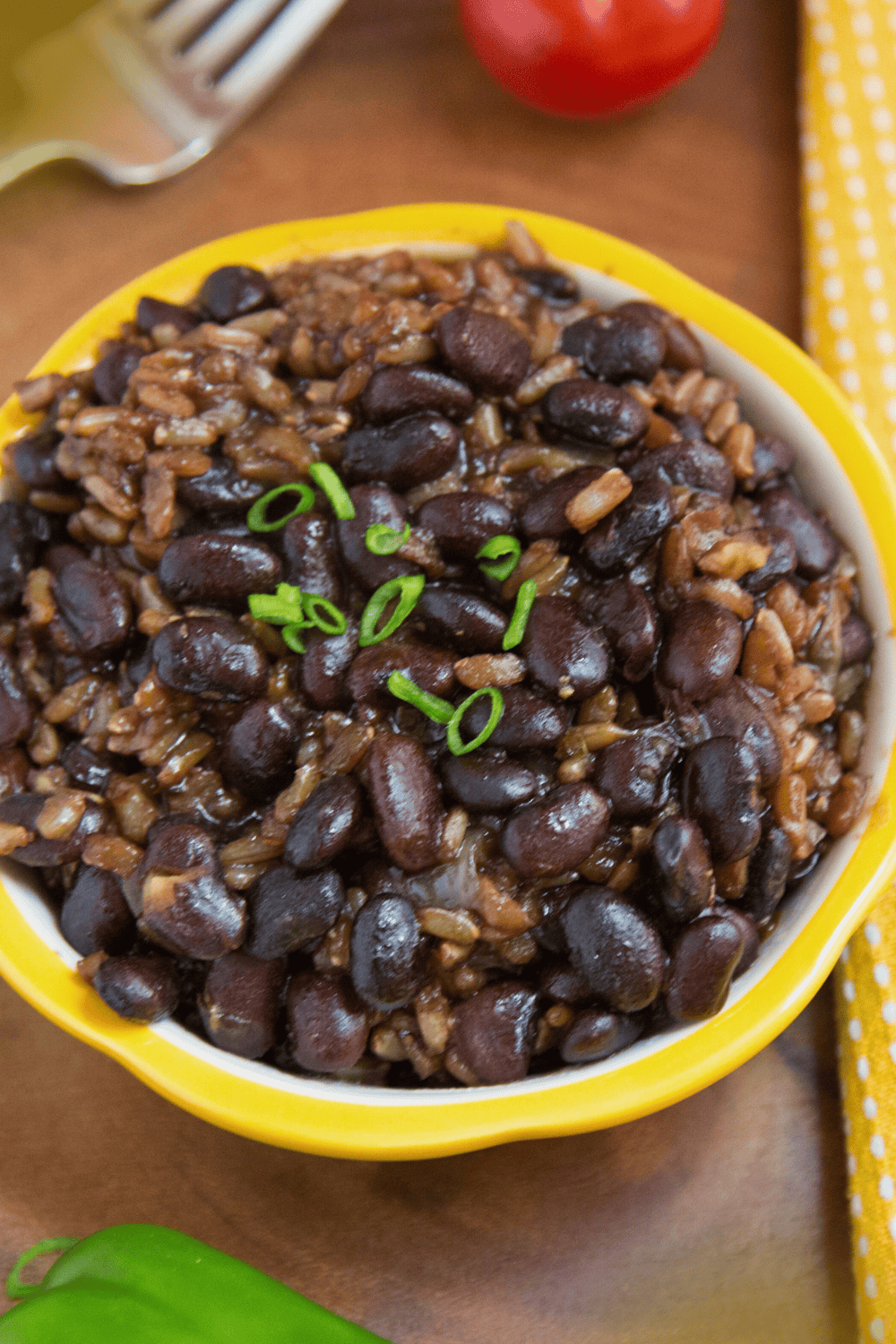 Top view of brown rice with black beans served