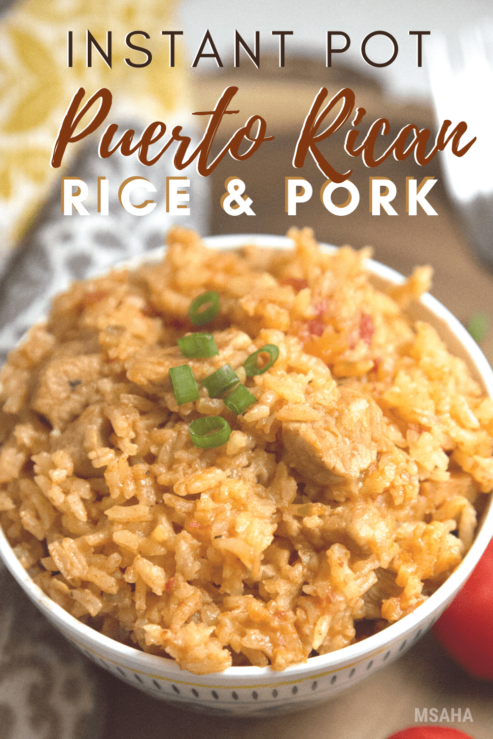 Learn how to make this Instant Pot Puerto Rican Rice and Pork dish. Easy to make and a quick, flavorful family dish you can make tonight. via @mystayathome
