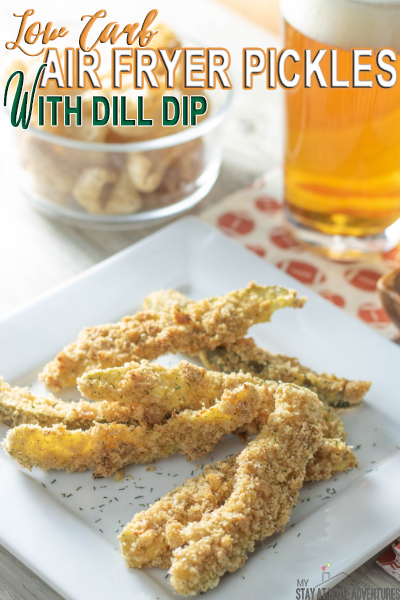 Learn how to make air fryer  "fried" pickles with dill dip that is low carb diet friendly. Using coconut flour and pork grinds you are going to love it.