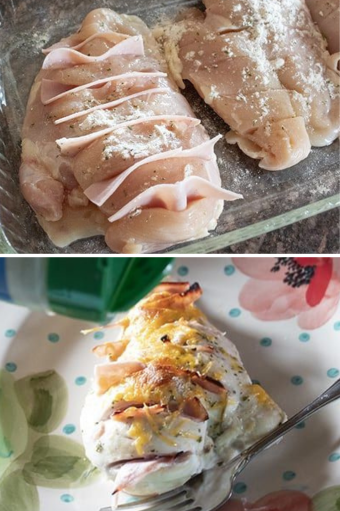 Raw chicken breasts sliced Hasselback-style and stuffed with deli ham, sprinkled with dry ranch seasoning in a glass baking dish, and the finish product in the bottom image.