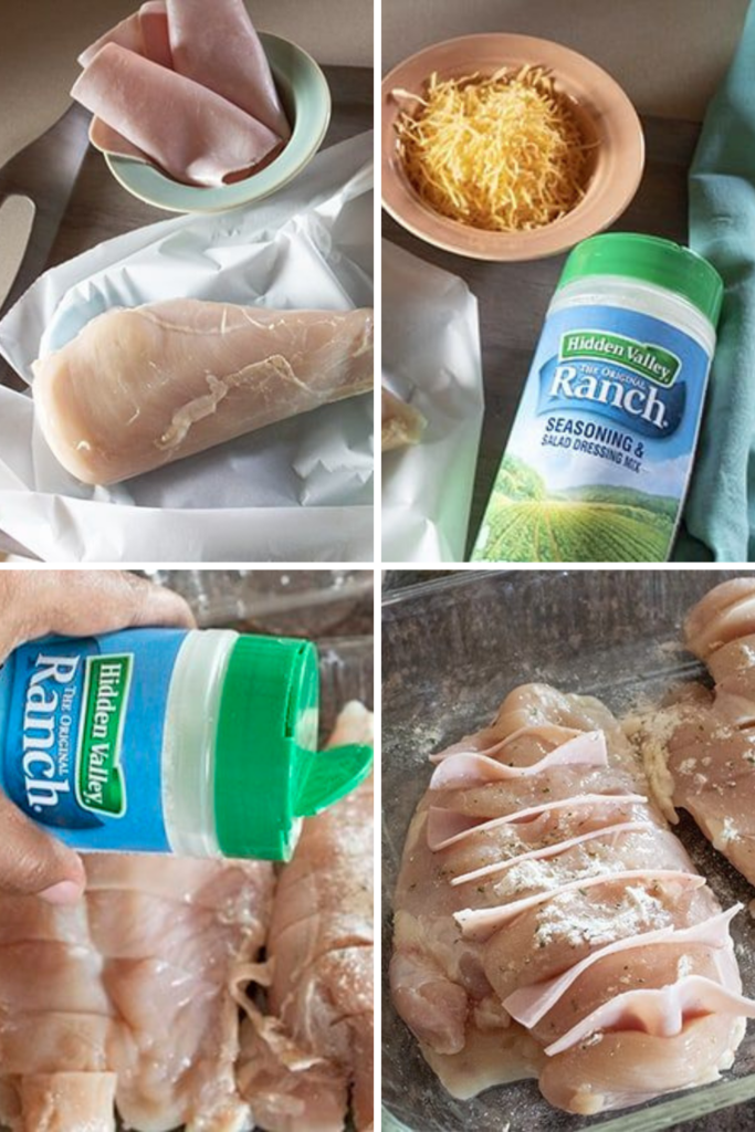 Step-by-step collage showing ingredients and preparation of Ranch Hasselback chicken using ham, cheese, and ranch seasoning.