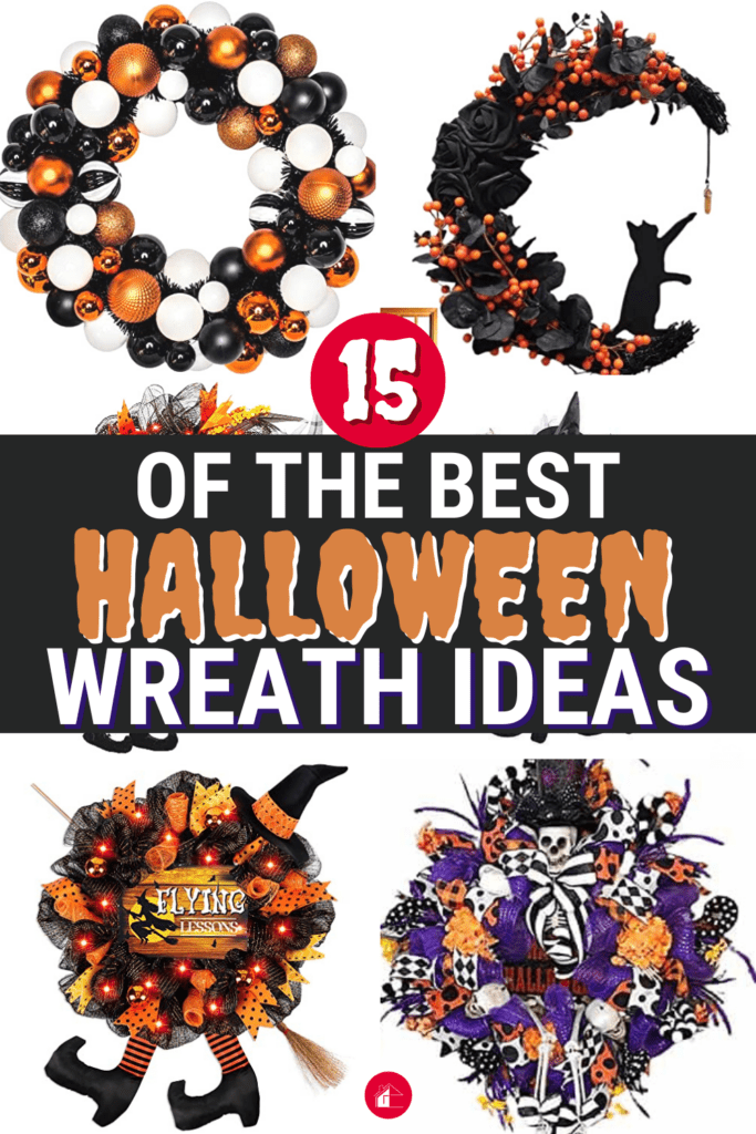 Collage of 15 colorful and creative Halloween wreaths featuring a variety of spooky and festive designs, perfect for adding Halloween decor to your front door.