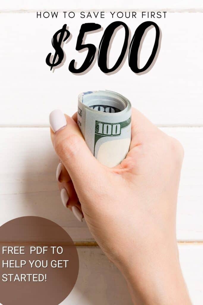 Woman hand holding rolled hundred dollar bills. With text:  How to Save Your first $500.