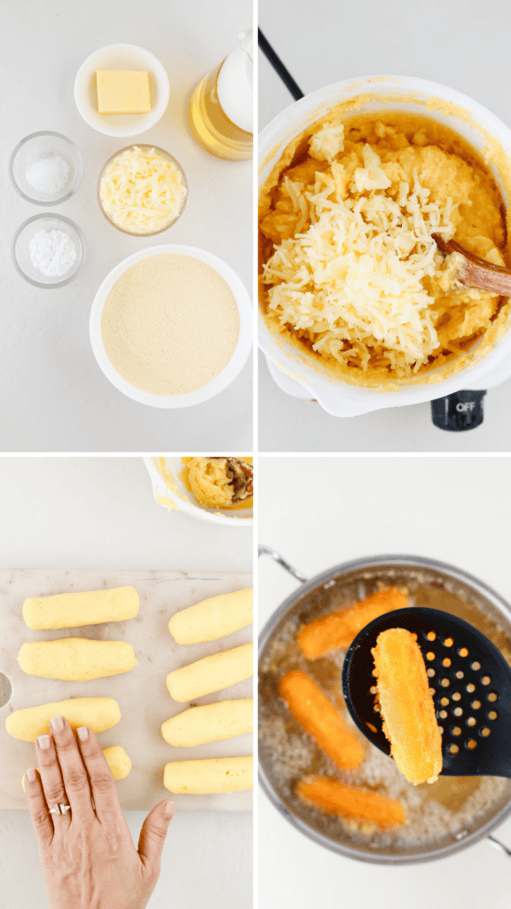 Collage showing ingredients, cheesy cornmeal dough, shaped sorullos, and golden cornmeal fritters frying in hot oil.