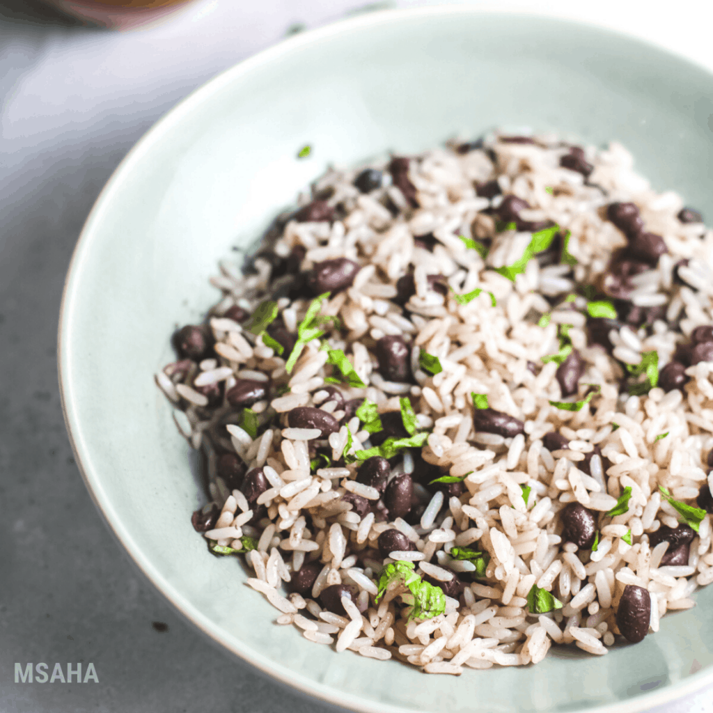 close up photo of gallo pinto in a bowl