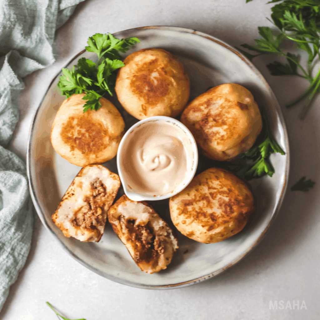 photo of papas rellenas in a plate with a dip in the middle of the plate.