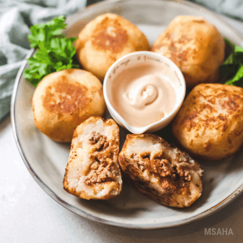 Photo of stuffed potato balls.