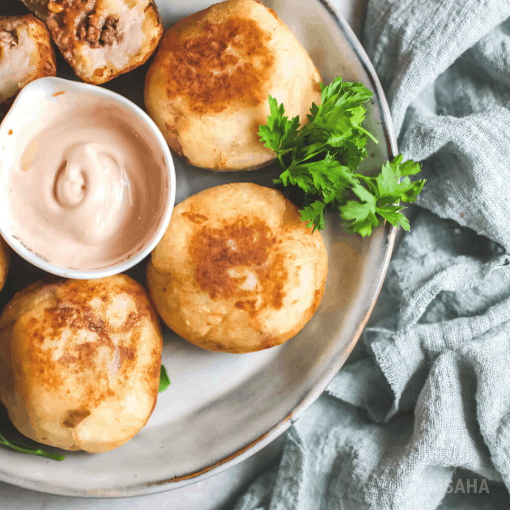 Photo of stuffed potato balls.