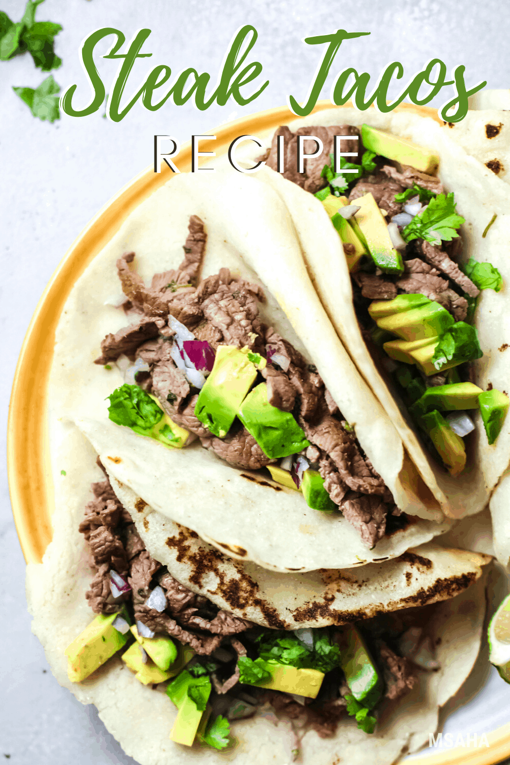 Easy and delicious tacos de carne or steak tacos top with cilantro, red onion, and avocado are the best thing ever! via @mystayathome