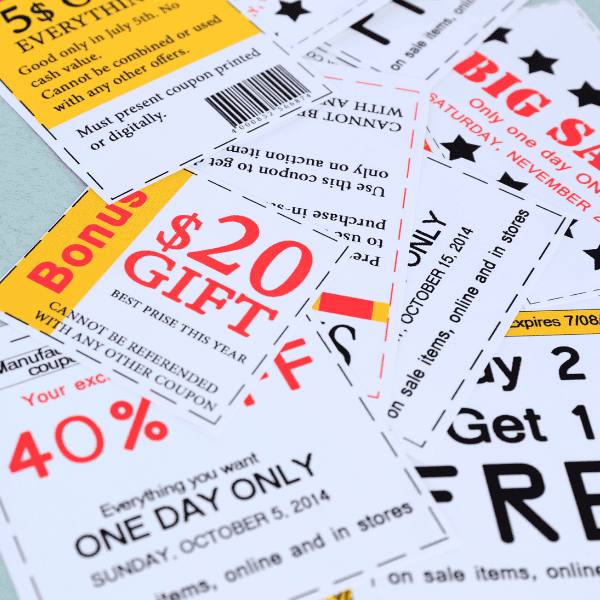 set of cut coupons for shopping to save money.