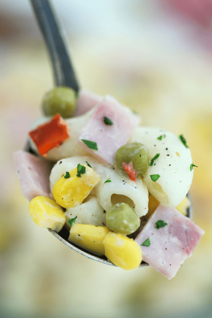 A close up of a spoon full of Mexican macaroni salad