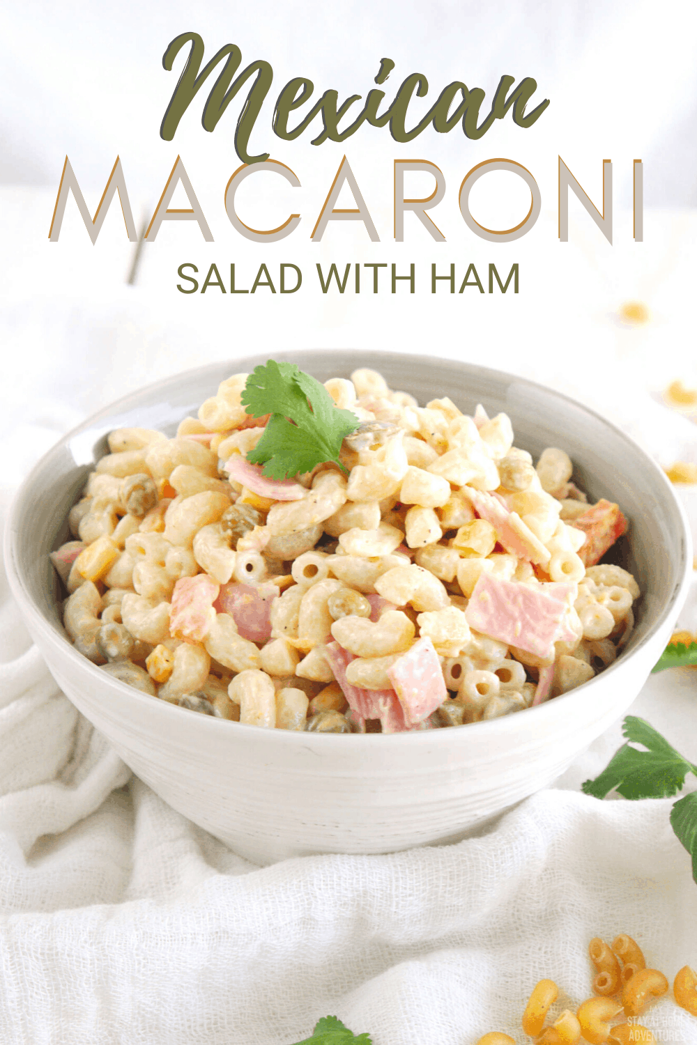 Mexican Macaroni Salad recipe it's an authentic, simple and flavorful pasta dish that comes together with ingredients you probably already have in your kitchen. Serve as a light main dish or as a side dish. #mexicanrecipe #pastasalad via @mystayathome