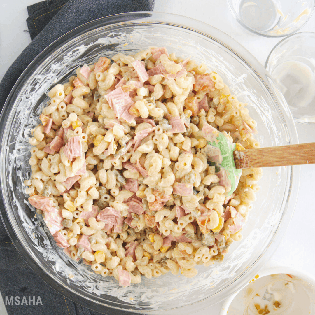 mexican macaroni salad with ham and cheese