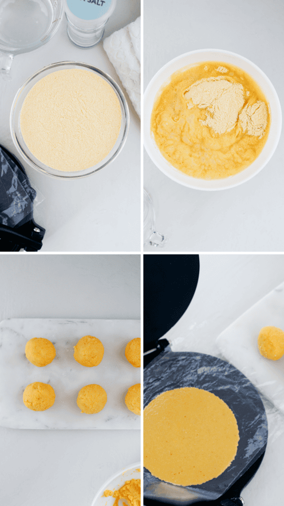 Corn tortilla ingredients and preparation steps show corn flour, mixed dough, portioned dough balls, and a tortilla being flattened in a press.