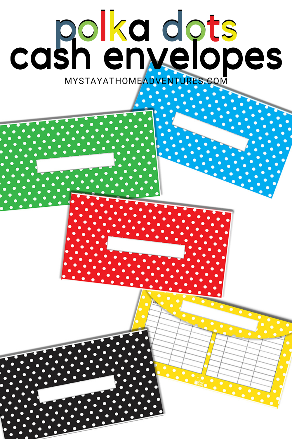 Cash budgeting doesn't have to be dull. Use these Polka Dots Cash Envelopes to keep your cash organized and easy to track. Horizontal and Vertical available. #cashbudgeting #cashenvelopetemplates #cashenvelopes #cashenvelopeprintables via @mystayathome