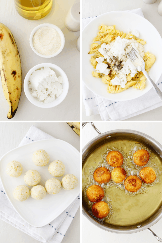 Step-by-step preparation of sweet plantain balls from ingredients to frying.