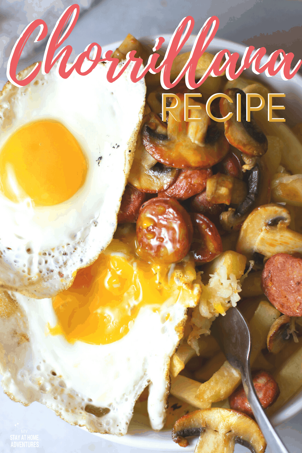 Learn how to create this delicious easy Chorrillana, a famous Chilean dish. Made with fries and topped with mushrooms and chorizo and eggs. #Chileanrecipe #frenchfryrecipe #Chorrillana via @mystayathome