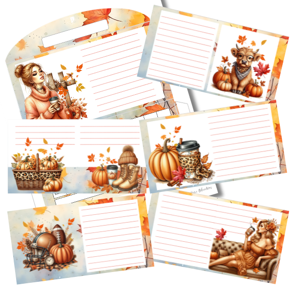A collection of printable fall cash envelope templates showcasing multiple cozy autumn designs with pumpkins, scarves, coffee, and leaves.